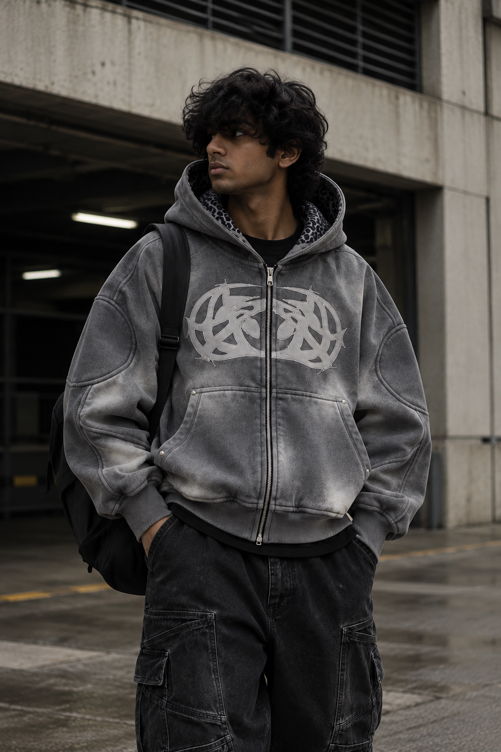 NOCTRA Static Veil grey oversized streetwear hoodie