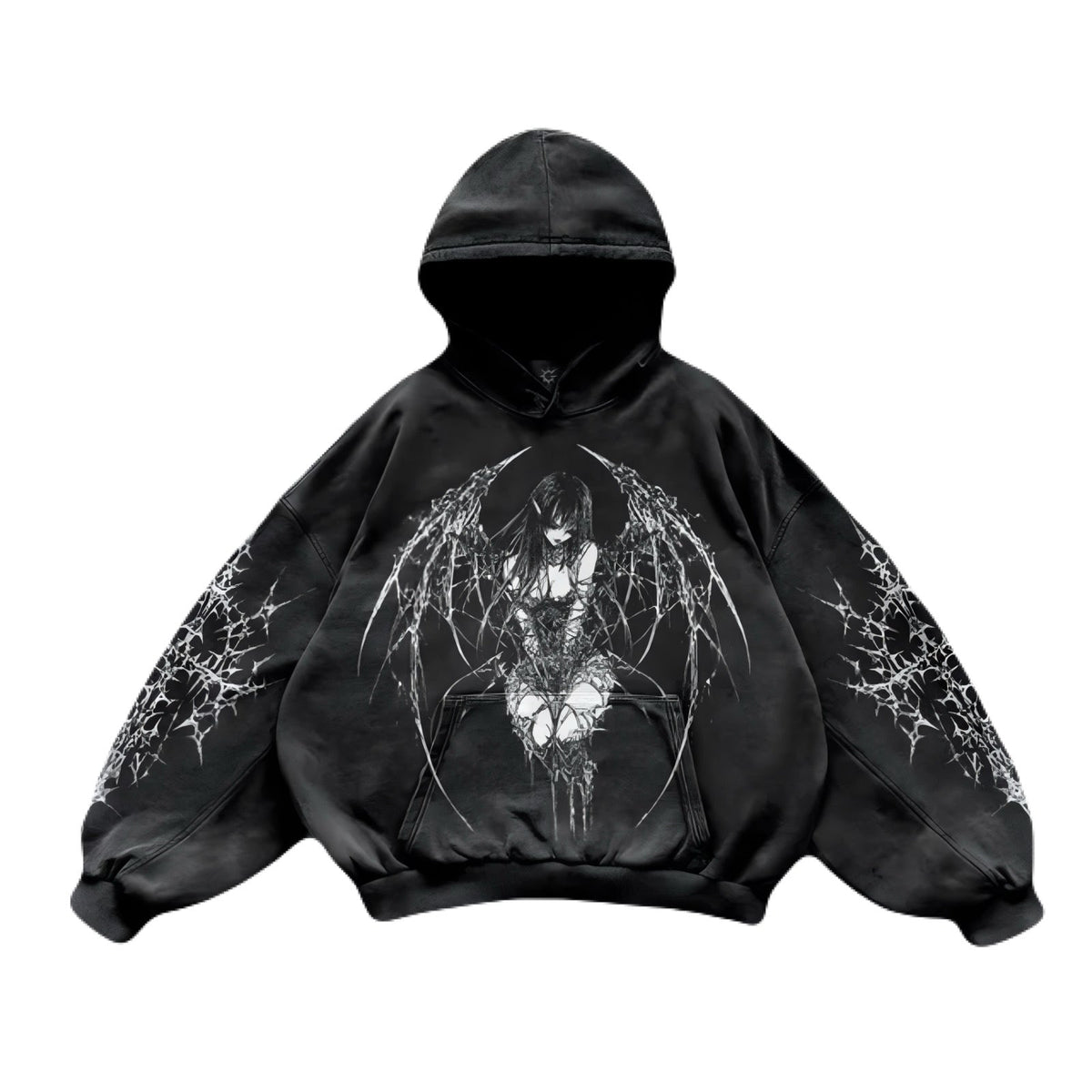 Noctra Forsaken Angel black gothic oversized hoodie with angel graphic