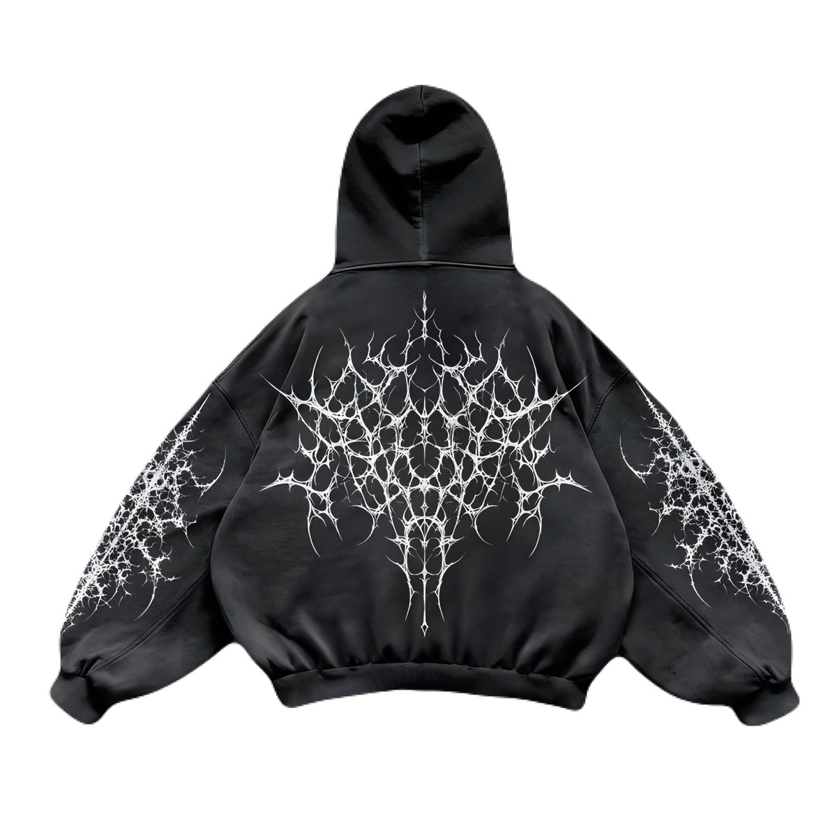 Back view of Noctra Black Ritual oversized gothic hoodie with graphic sleeves